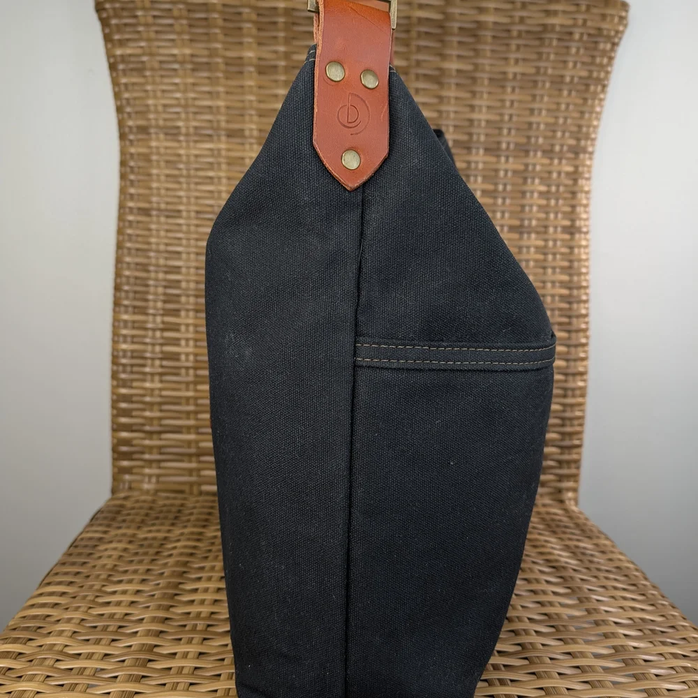 Melakah Design Handmade Black Brown Canvas Leather Handle Logo Emblem Tote Bag - Picture 6 of 16